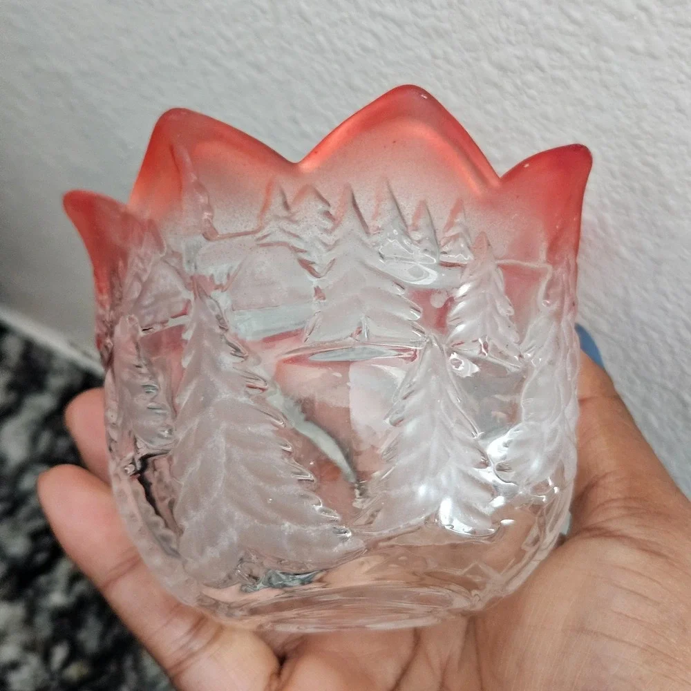 Vintage Red Trimmed Frosted Glass Candle Holder Winter‎ Scene Christmas Decor